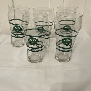 Set of 5 New York Jets Vintage Glass Coca Cola Glasses 1980s Retro NFL 12 oz